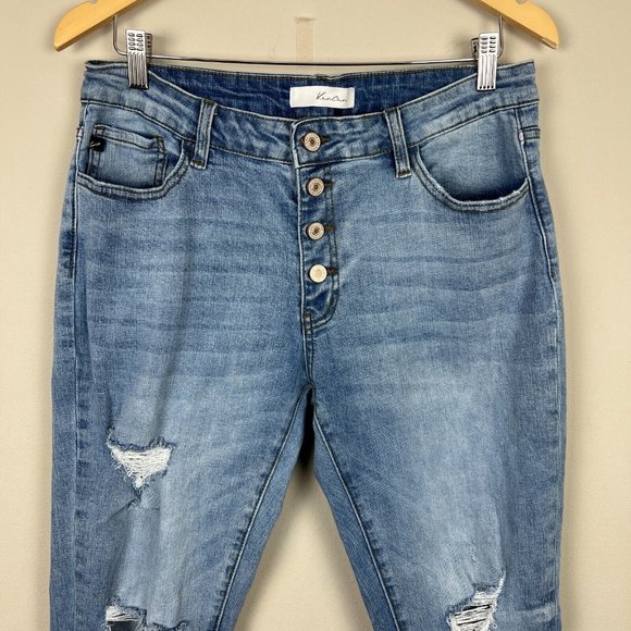 KanCan Jeans Womens 11/29 Blue Girlfriend‎ Mid Rise Distressed Denim Button Fly - Picture 2 of 12